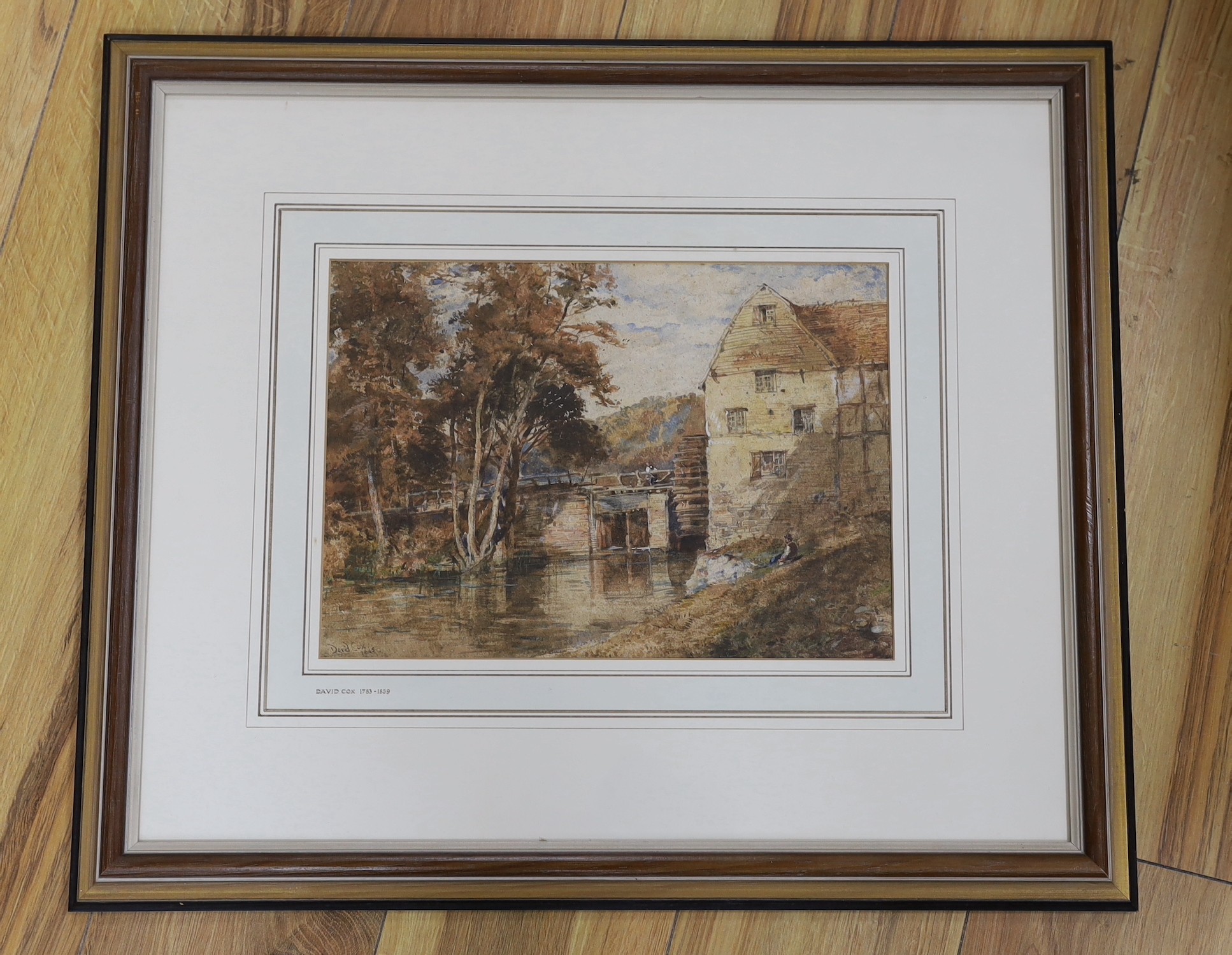 David Cox (1783-1859), watercolour, Figures beside a watermill, signed and dated 1845, 23 x 32.5cm